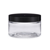 4oz. PLASTIC CLEAR PET STRAIGHT SIDED SINGLE WALL ROUND WITH 89/400 FINISH By 3rd Phaze Low Profile w/ Black Lids